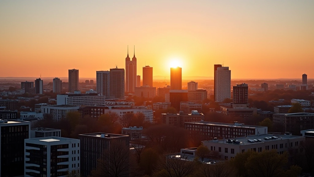 Aarhus skyline med moderne bygninger ved solnedgang