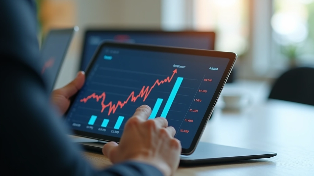 Finansielle grafer og diagrammer på tabletskærm med hånd der peger på data, moderne kontormiljø, naturligt lys