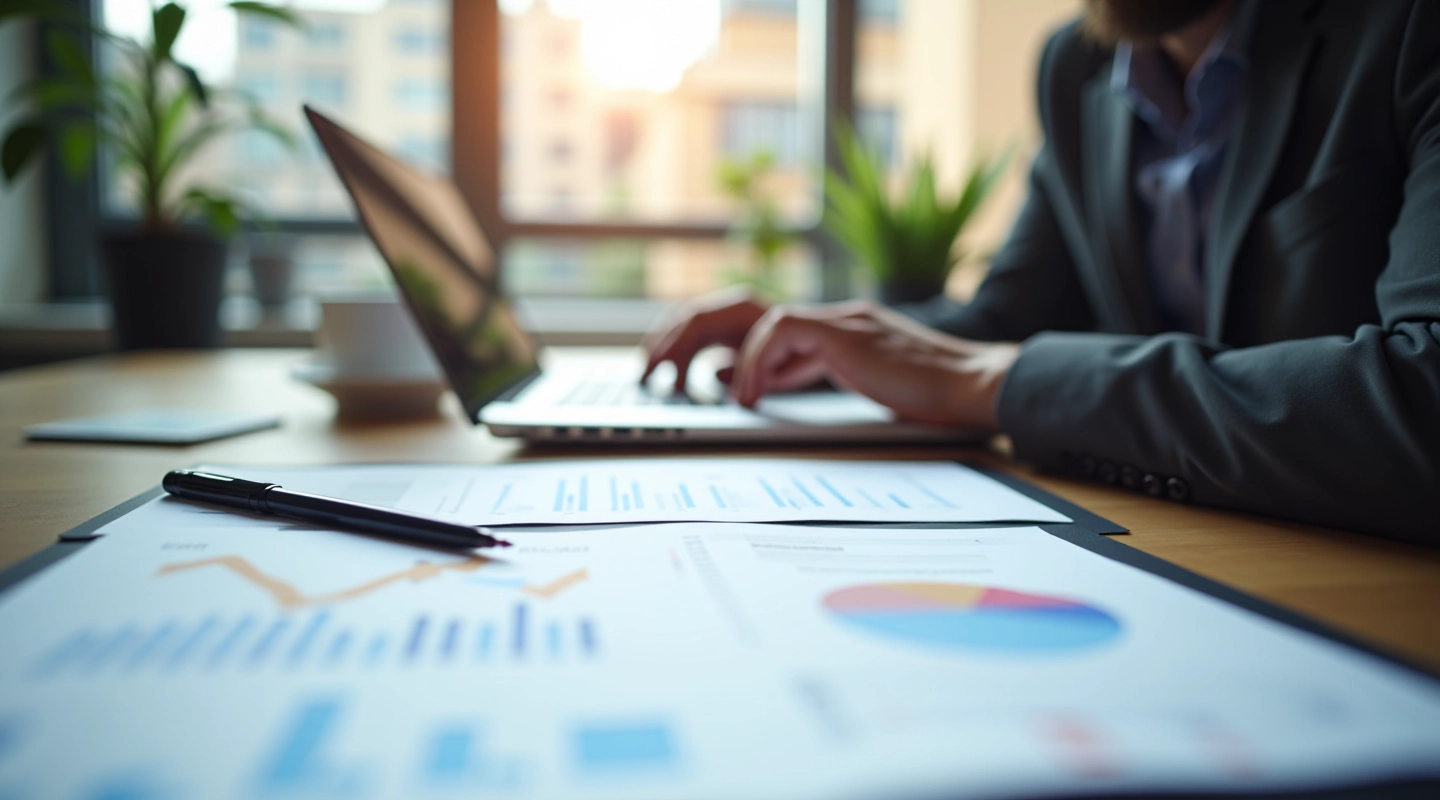 Automatiseret investeringskontor med finansielle data og moderne arbejdsstation