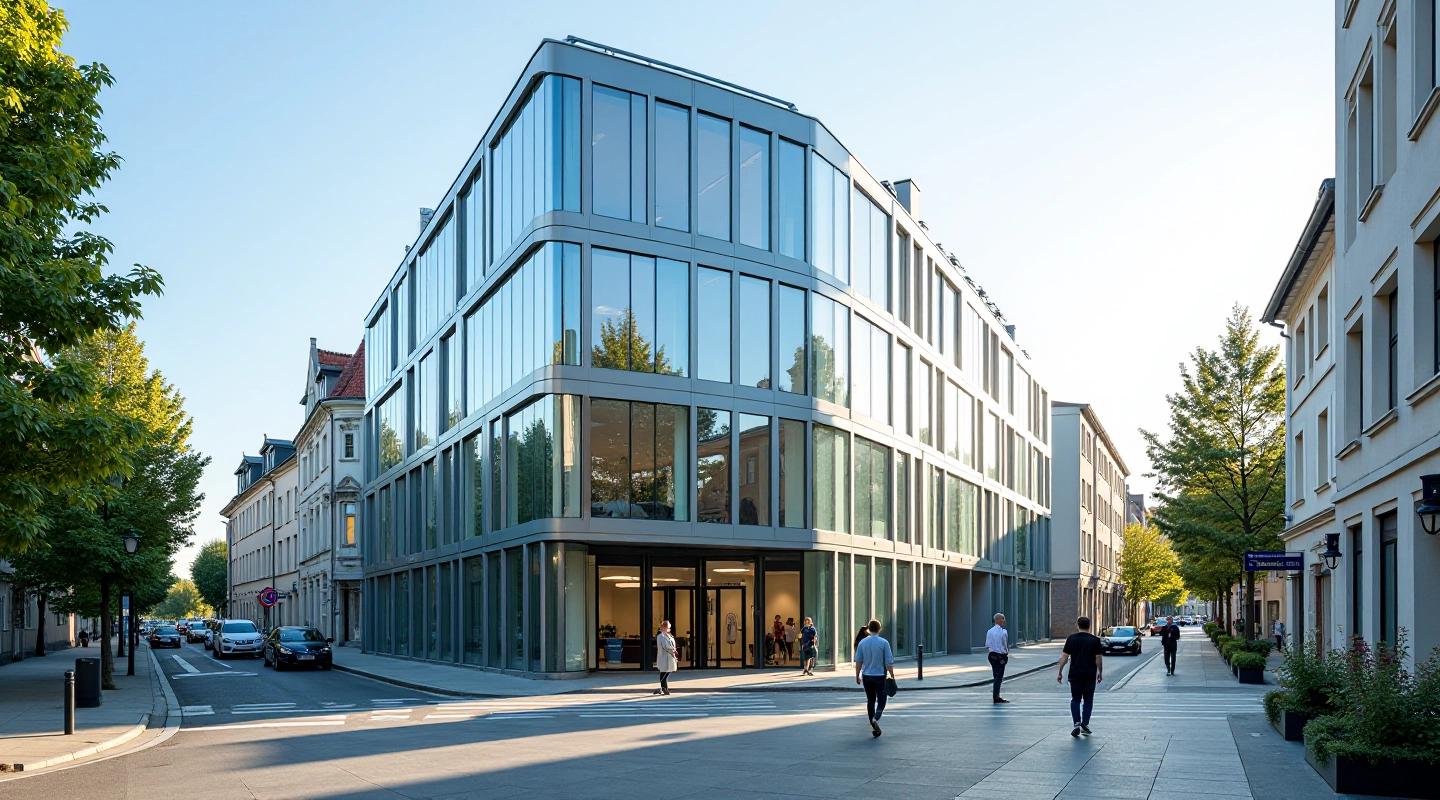Moderne kontorbygning med glasfacade i Aarhus, stilfuldt arkitektonisk design