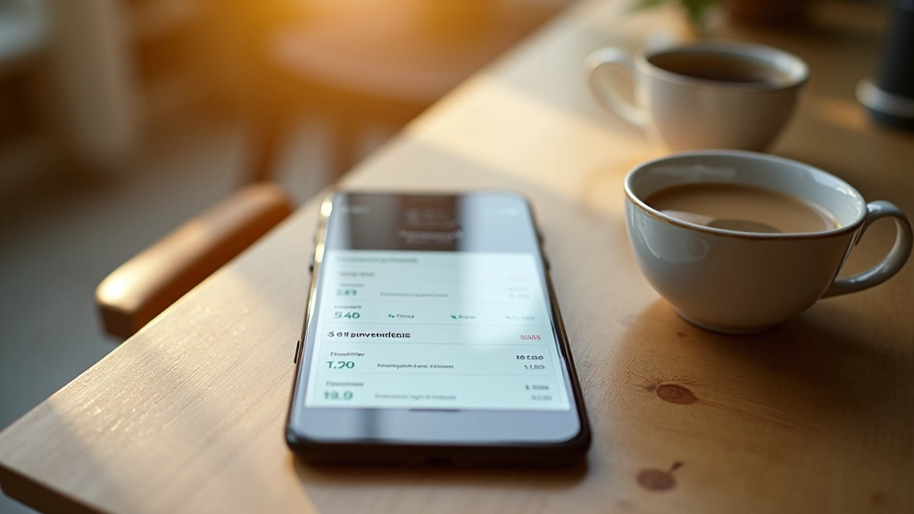Smartphone med investeringsapp åben på træbord