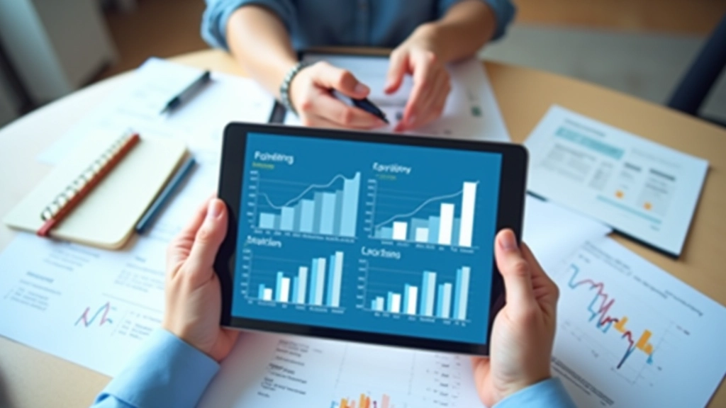 Tablet med finansielle diagrammer på mødelord blandt papirer og pen