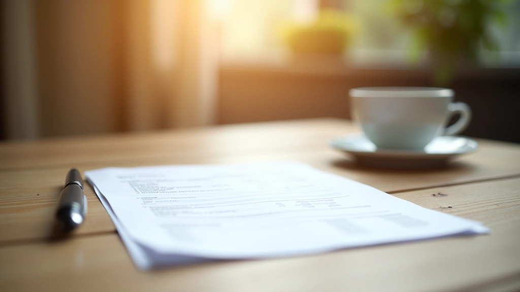 Træbord med finansielle dokumenter, pen og kaffekop, minimalistisk kontormiljø